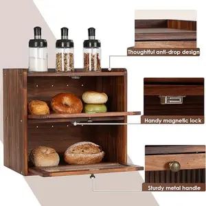 Wooden Bread Storage Container Bin 2 Layer Breadbox Holder Large Capacity Keeper Vintage Farmhouse Food Organizer Pantry
