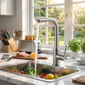 Modern Single Handle Kitchen Faucet Brushed Stainless Steel Deck <b>Mounted</b> Ceramic Valve 6-7.9in Height - Product Image 3