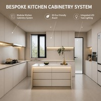 Meubles de cuisine modulaires sur mesure en bois massif pour toute la maison, îlot en U, plan de travail en pierre frittée, crédence écologique sans poignées