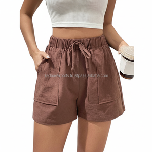 Pantalones cortos de lino y algodón de verano para mujer con detalle de botón Cintura alta Transpirable Secado rápido Personalizable Servicio OEM - Product Image 1