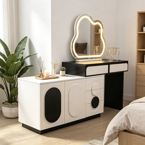 Modern White Luxury Wood Panel Makeup <b>Vanity</b> with Lighted Mirror and Storage Drawers - Product Image 6