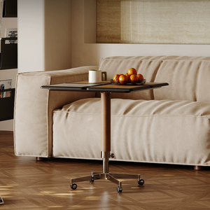 Table basse mobile et réglable avec cadre en métal et plateau en cuir, table d'appoint pour salon et chambre à coucher avec roulettes - Product Image 5