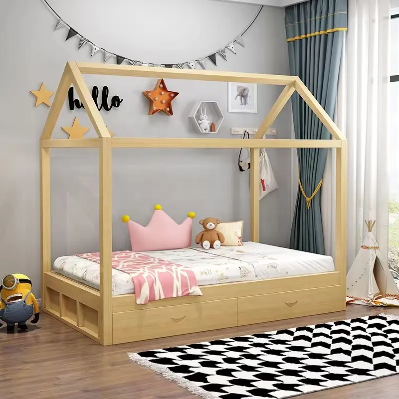 Solid wood children's bed Multi-function king size children bed frame with storage drawers cama para infantil