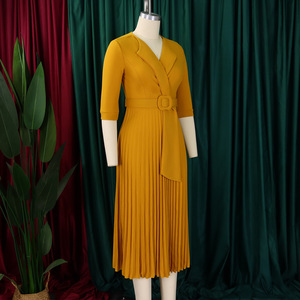 Abito da Donna Primaverile Estivo Elegante a <span class=keywords><strong>Maniche</strong></span> <span class=keywords><strong>Corte</strong></span> con Vita Alta e Cintura, Modello Svasato Ampio da Ufficio con Girocollo - Product Image 4