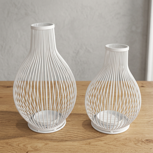 White Wire Lantern <b>Set</b> of 2 Elegant Curved Design Steel Home Decoration Durable - Product Image 1