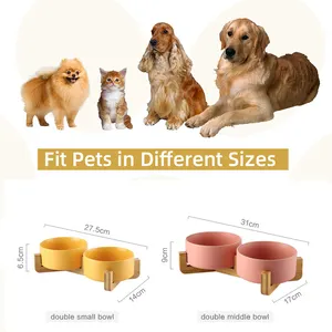 Mangkuk Keramik Anjing dan Kucing dengan Dudukan Kayu Anti-Slip Matte Glasir Makanan Berat Set Air untuk Kucing & Anjing Kecil