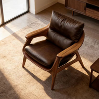 Fauteuil de loisir en bois massif, fauteuil lounge en cuir véritable, style design, salon, hôtel, balcon, canapé simple de luxe