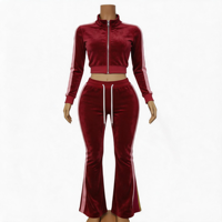 Ensemble de survêtement 2 pièces pour femme en velours côtelé avec fermeture éclair, pantalon évasé à rayures latérales, en coton et élasthanne, collection automne, tenue décontractée assortie