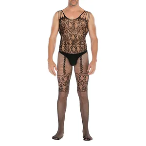 Men's Sexy Erotic See Through Crotchless Fishnet Lace Tight Dress Bodystocking Lingerie For Sissy