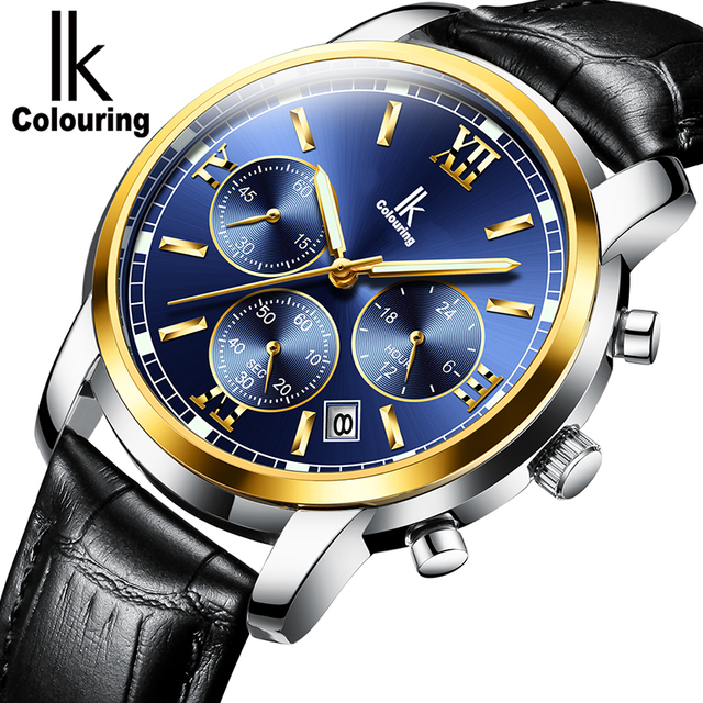 IK Colouring K018 K018GA1 Chronograph Men Fashion Sport Business Watch Three Eyes Quartz Leather Stainless Calendar Date Watches