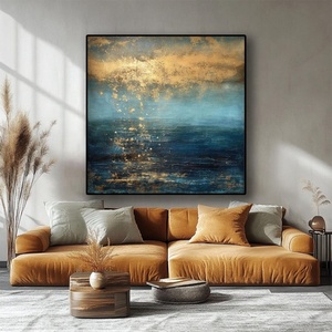 Màu xanh hải quân màu trắng nghệ thuật hiện đại vàng lá lớn nghệ thuật tường trừu tượng với khung tranh sơn dầu trên vải cảnh quan trang trí nhà - Product Image 4