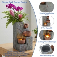 Fontaine d'eau extérieure Oniya avec jardinière et lumières LED, cascade en résine style pierre à plusieurs niveaux pour jardin, patio, véranda, cour