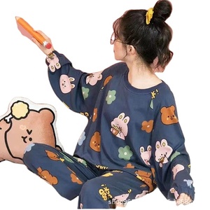 Conjunto de <span class=keywords><strong>pijama</strong></span> de dibujos animados de estilo coreano informal de talla grande para <span class=keywords><strong>mujer</strong></span>, ropa de casa transpirable de manga larga con cintura elástica delantera, Otoño <span class=keywords><strong>Invierno</strong></span> - Product Image 1