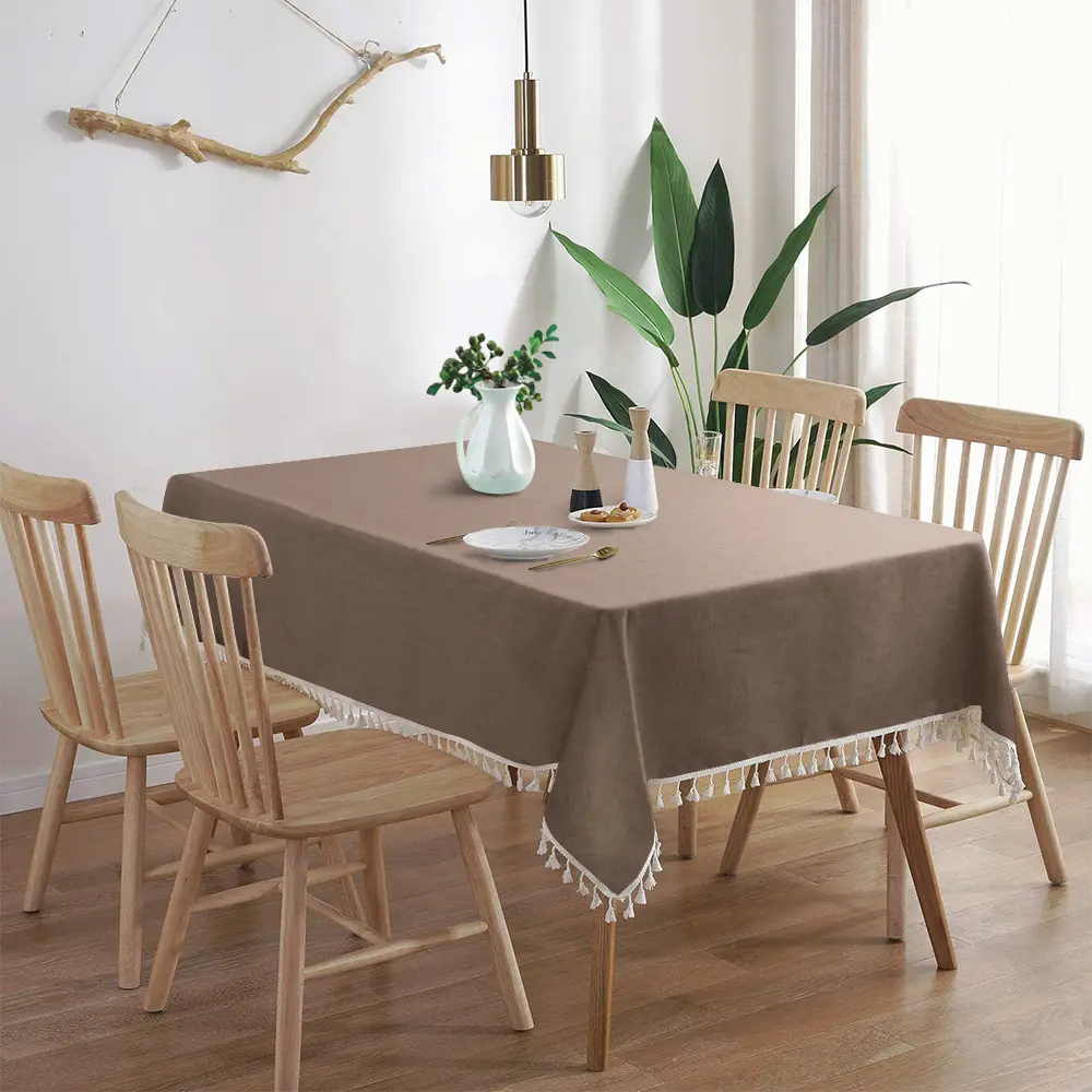 High Quality Hot Sale 100% Polyester Linen-Like Table Cloth Fringe Design Stylish Table Cover