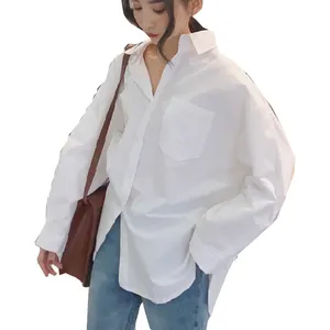 Женская хлопковая блузка с длинным рукавом, белая Свободная Повседневная рубашка большого размера, весна-осень