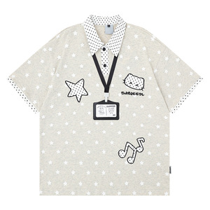 Polo Oversize 100% Cotone con Stampa Stelle e Pois, Manica Corta, Effetto Stratificato, Unisex, Top Estivo per Coppie - Product Image 1