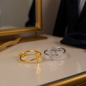 Anello in acciaio inossidabile con lettera P, oro e argento, regolabile, gioiello alla moda per donna e uomo - Product Image 3