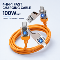Kabel Pengisian Daya Cepat 100W PD 4 in 1 Multifungsi dengan Lampu LED, Kabel Silikon TPE Berlapis Tembaga untuk Ponsel, Laptop, dan Perjalanan