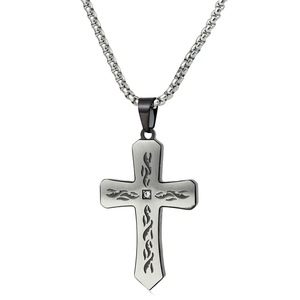 yunnique Stainless Steel <b>Cross</b> Pendant Necklace With Flame Design And Crystal Inlay For Men Hip Hop Style 60Cm <b>Chain</b> - Product Image 1