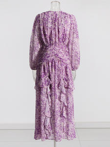 LE2641 2024 Outono Chiffon Plissado Maxi Vestido Mulher Lotus Leaf Lace Splicing Cintura Alta Fairy Saia Vestidos de noite elegantes - Product Image 4