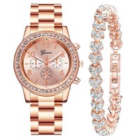 Ensemble de bijoux pour femmes avec montre à quartz ornée de strass, collier, boucles d'oreilles, bague, bracelet, montre-bracelet tendance, ensemble cadeau pour femmes et filles