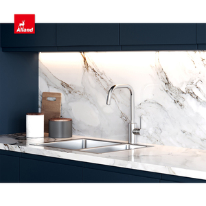 Allandcabinet Armoire de cuisine laquée bleu marine 45 degrés biseau tirer <span class=keywords><strong>menuiserie</strong></span> moderne avec lumière LED avec cascade de marbre île - Product Image 2