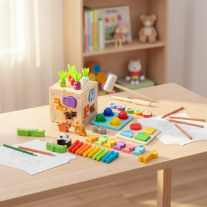 Boîte d'activités Montessori personnalisée en bois pour bébé, jeu de formes à aligner, jeu de frappe aux balles, jouets éducatifs sensoriels de pêche pour enfants - Product Image 1