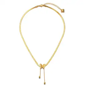 Hot Sell Stainless Steel Gold Plated Double Layers Matte Butterfly Pendant Choker Necklace Snake Bone Chain Butterfly Necklace
