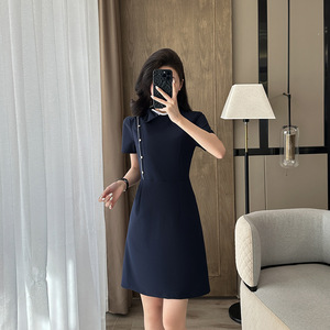 Women's Professional Dress A-Line Peter Pan Collar Black Woven Fabric For Work Commuting Summer Career Wear - Product Image 3