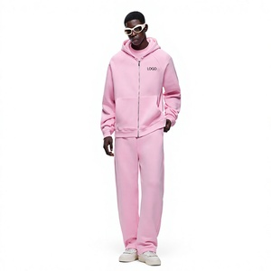 Mens Pastel <b>Pink</b> Full-Zip Custom Logo Hooded Sweatshirt and Matching Pants <b>Tracksuit</b> OEM ODM Wholesale Apparel - Product Image 1