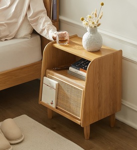 M2021 Rattan Nightstand <strong>OAK</strong> Wood Side <strong>Table</strong> with 1 <strong>Drawers</strong> Wooden <strong>End</strong> <strong>Table</strong> Square Bedside <strong>Table</strong> with Open Storage for Bedroom - Product Image 3