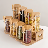 Pot en verre borosilicate avec couvercle en bambou et cuillère – Récipients transparents pour le stockage alimentaire (thé, biscuits, farine, riz) – Idéal pour le garde-manger