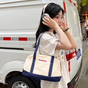 制造商环保定制标志oem设计时尚女性帆布迷你包白色和蓝色户外旅行杂货手提包 - Product Image 3