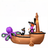 Bateau pirate gonflable d'Halloween de 7 pieds avec squelette de pieuvre géant et éclairage LED pour décoration extérieure de jardin