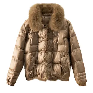 2023 New Winter Women Real Fox Fur Collar Fashion Vintage Buttons Spliced Wool Lamb Duck Down Filling Short mink fur Coat