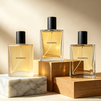 Flacon de parfum carré en verre personnalisé de luxe 50 ml avec bouchon en bois épais et pompe pulvérisatrice, boîte incluse