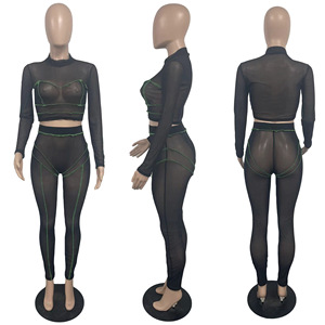 Completo Sexy Due Pezzi da Club per Donne, <span class=keywords><strong>Tuta</strong></span> Sportiva Nera con <span class=keywords><strong>Leggings</strong></span> Trasparenti in Rete e Top Corto Coordinato - Product Image 6