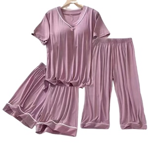 Women's Summer Thin Simple V-Neck <strong>Cropped</strong> Shorts <strong>Pyjamas</strong> with Breast Pad Three-Piece Home Wear for Spring Knitted Fabric - Product Image 1