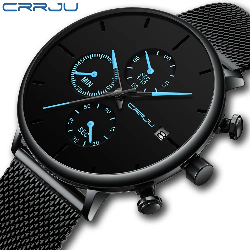 Часы наручные CRRJU Мужские кварцевые, модные брендовые Роскошные водонепроницаемые спортивные с тонким циферблатом, с датой