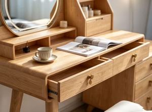 Premium Oak Combined Dressing Table Round <b>Mirror</b> Double Side Storage Cabinet Makeup <b>Vanity</b> Set With Cushioned Stool - Product Image 2
