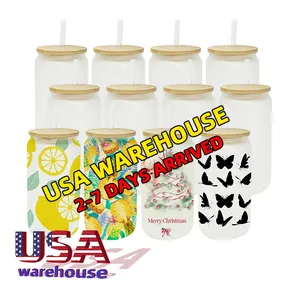 Usa Magazijn Hot Sale 16Oz Bier Koffie Frosted Gradiënt Kleurrijke Sublimatie Glas Kan Bekers Met Bamboe Deksel En Plastic Stro