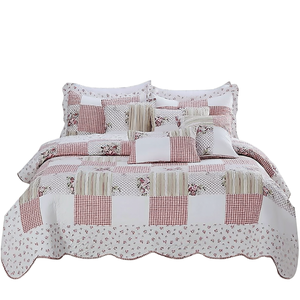 B&amp;B <strong>Kingsize</strong> Bedding Set Beautiful Floral Vintage Patchwork Quilt Reversible Bed Throw 100% Cotton Bedroom Decor + 2 Pillow Sham - Product Image 1