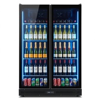Réfrigérateur commercial vertical à 2 portes vitrées pour boissons, avec éclairage d'ambiance LED bleu et refroidissement par air, idéal pour bars, restaurants et hôtels