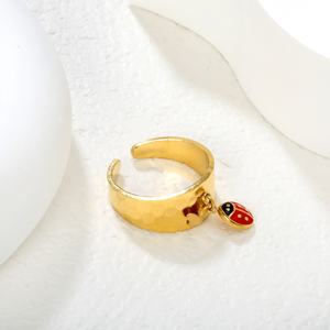 Waterproof Stainless Steel Jewelry 18K Gold Plated Textured <b>Open</b> <b>Ring</b> Enamel Ladybug Heart Charm <b>Ring</b> for Women Fashion Jewelry - Product Image 3