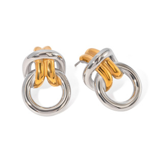 Knot Earrings Stainless Steel Gold <b>Silver</b> Color Block Double Ring Geometric <b>Stud</b> Fashion Jewelry - Product Image 1