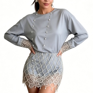 Women's Solid Color Lace Trim Asymmetrical Hem Long <strong>Sleeve</strong> <strong>Blouse</strong> Shirt <strong>Without</strong> Pearl Chain Skirt Sehe Fashion - Product Image 1