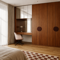 Armoire intégrée sur mesure en placage de noyer, style moderne et luxueux, avec coiffeuse miroir, placard de chambre pleine hauteur