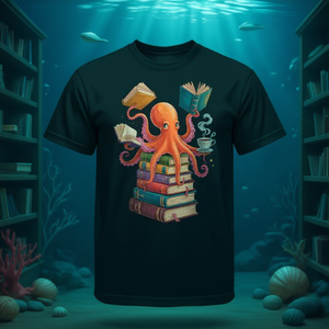 Camiseta Octopus Book Reading con diseño de criaturas marinas, camiseta unisex negra con cuello redondo - Product Image 3