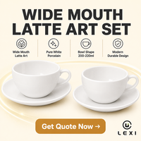 Tasse à café en céramique LEXI à large ouverture pour latte art, avec soucoupe, en porcelaine blanche pure, forme bol, durable, capacité 200-220 ml, design moderne