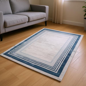Alfombra Elegante Rectangular 6X9 Azul con Borde Marfil, Antideslizante y Resistente a las Manchas, para Oficina, Dormitorio, Comedor, Sala de Estar - Product Image 2